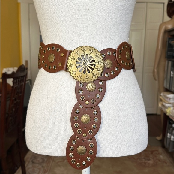 Brown Leather Bohemian Western Belt with Bronze Buckle and Medallions Accents - Picture 2 of 11